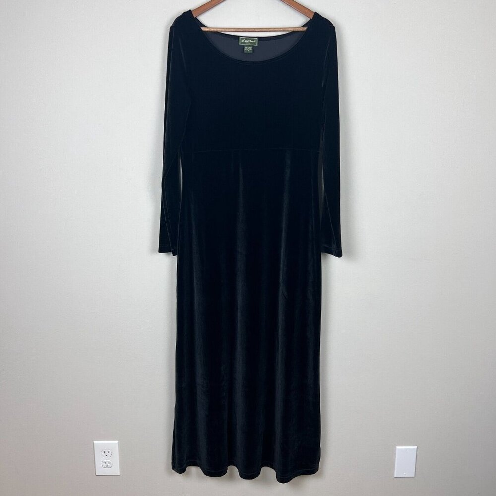 Eddie Bauer Maxi Dress Women Medium Black Velvet Empire Waist Long Sleeve Modest